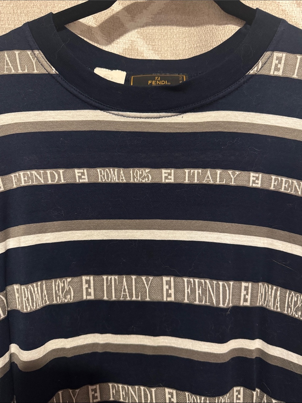 Fendi Navy Crewneck Long Sleeve with Cream and Gray Stripes